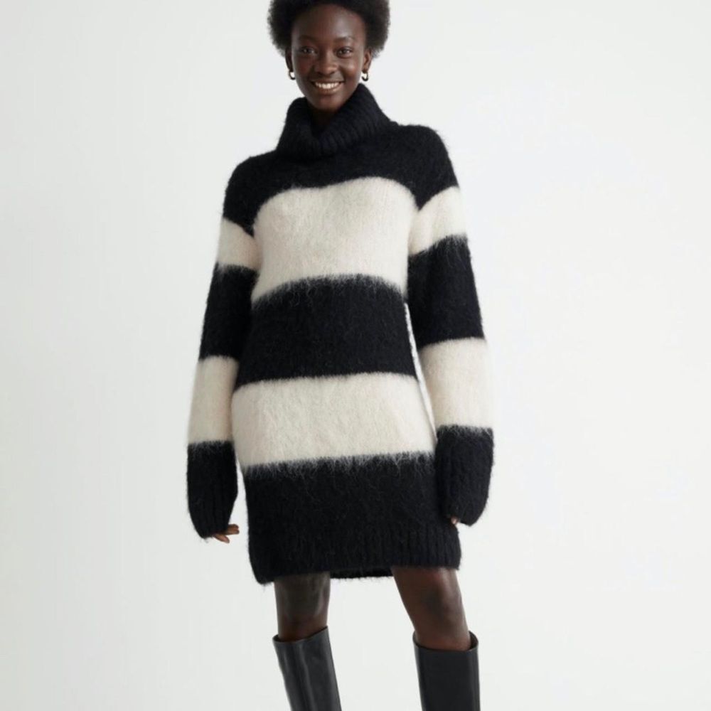 & Other Stories Black White Striped Wool Alpaca Blend Cowl Neck Sweater Tunic XS